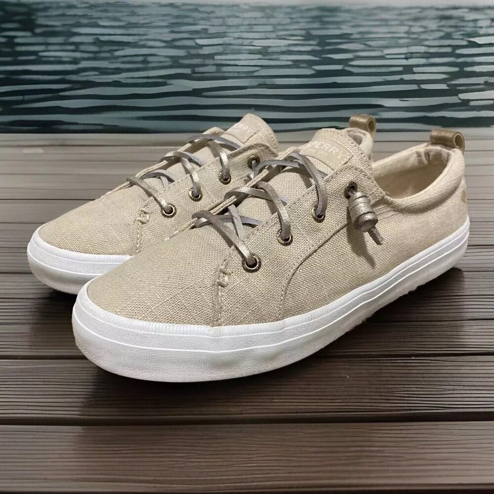 Sperry Women's 8.5M Crest Vibe Sparkle Ivory Crosshatch Linen Sneakers STS87467